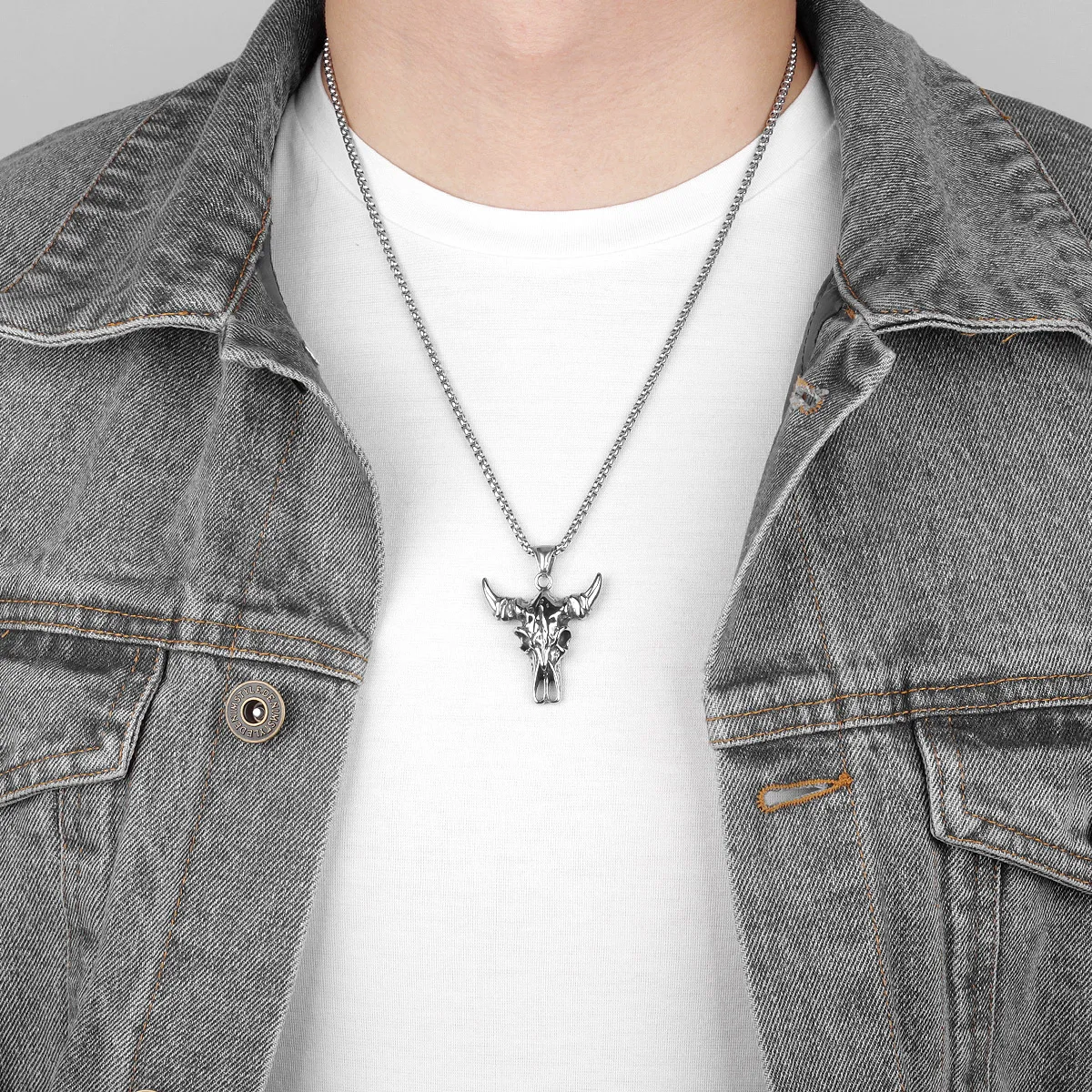 Yak Skull Animal Long Men Necklaces Pendants Chain Punk for Boyfriend Male Stainless Steel Jewelry Creativity Gift Wholesale