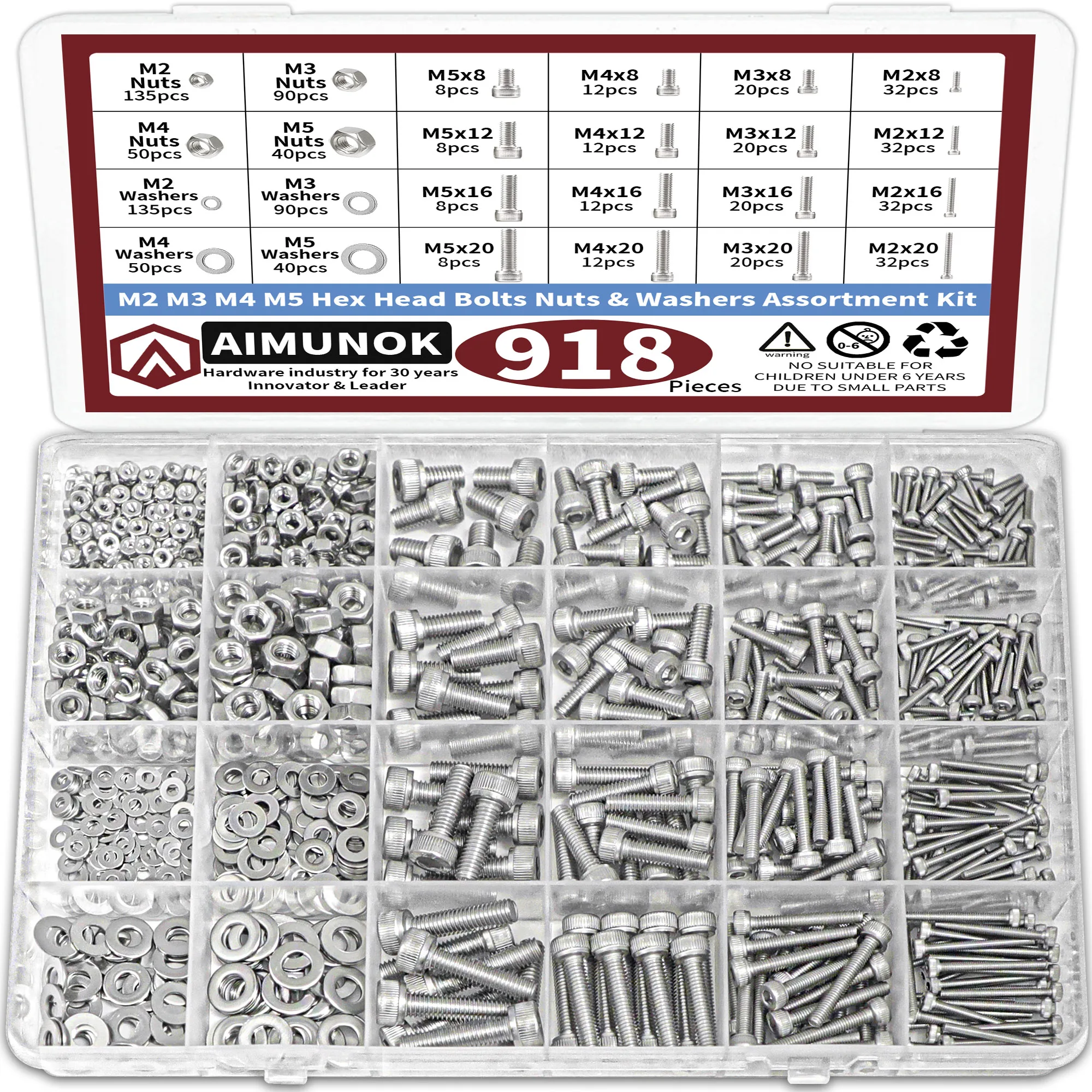 

918pcs M2 M3 M4 M5 Hex Head Bolts Nuts and Washers Assortment High Hardness Anti-Pressure Countersunk Treatment