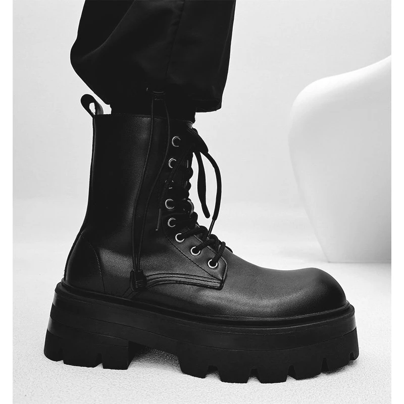 England style men's casual punk stage high motorcycle boots black designer platform shoes cowboy natural leather long botas mans - view 5