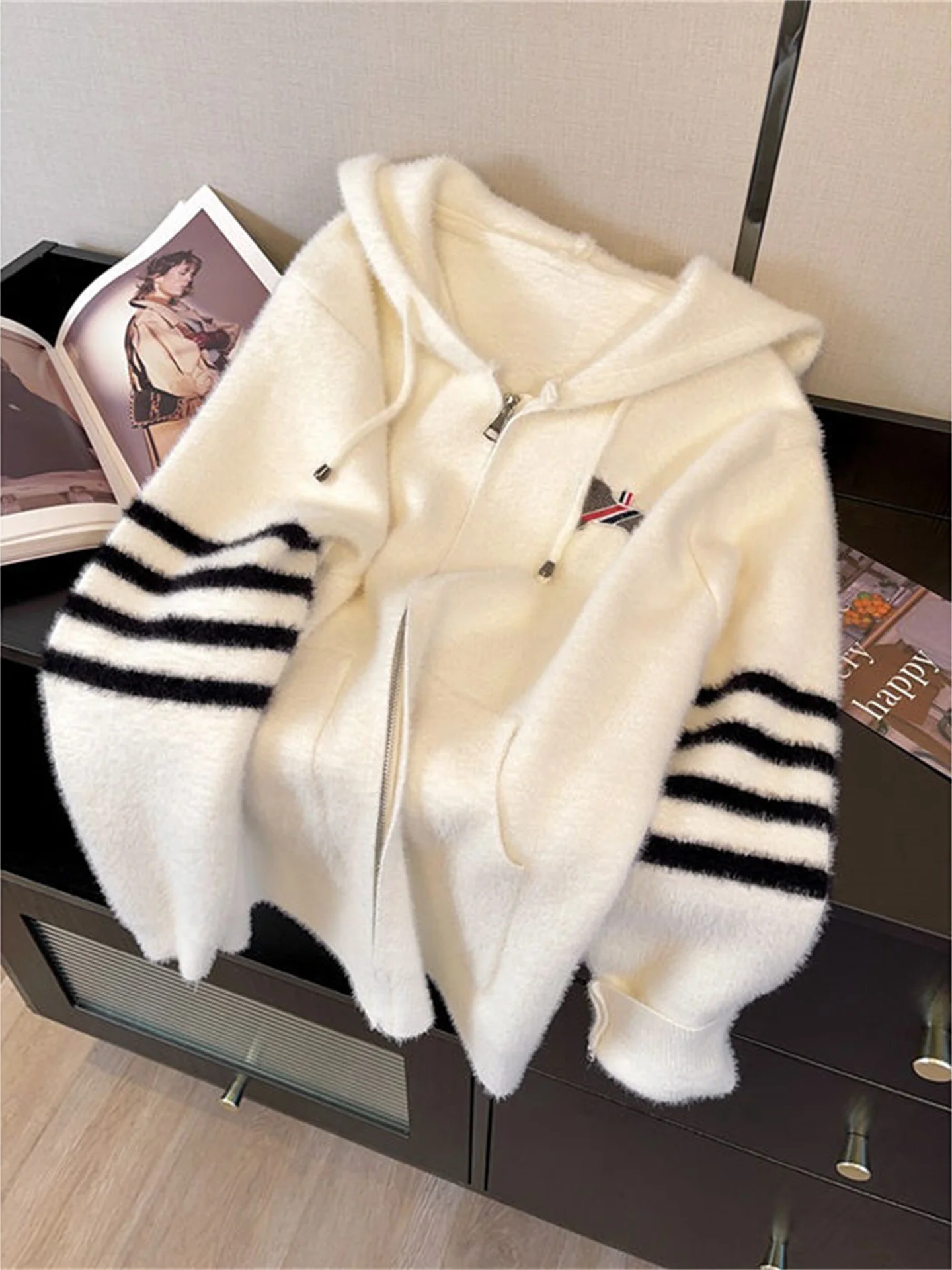 

Восстанавливаемая вязаная шапка, свитер на молнии, женский зимний утягивающий антивозрастной мягкий свитер маленького размера, джет, свободный Sle Ciwalk