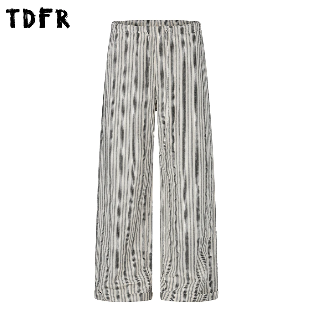 Vertical Stripes Casual Pants Mens Summer Retro Straight Wide Leg Drawstring Elastic Waist Baggy Trousers Man