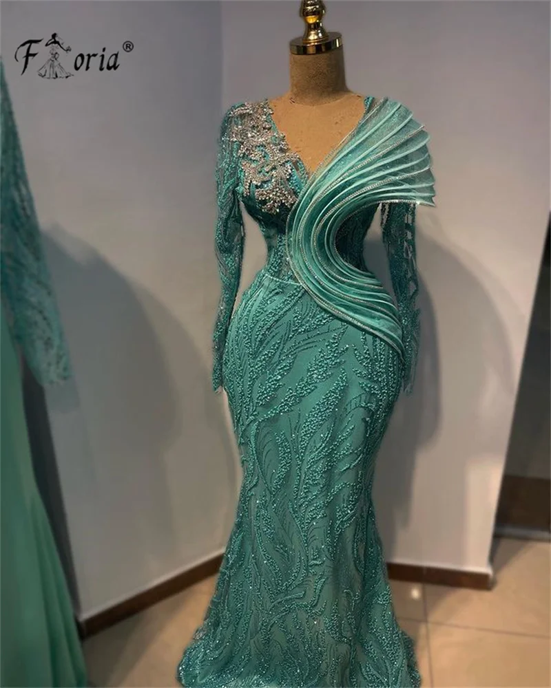 Elegant Beaded Mermaid Evening Dress Green Crystal Long Sleeve Floor Length Prom Dress Formal Celebrity Dress Robe De Soiree