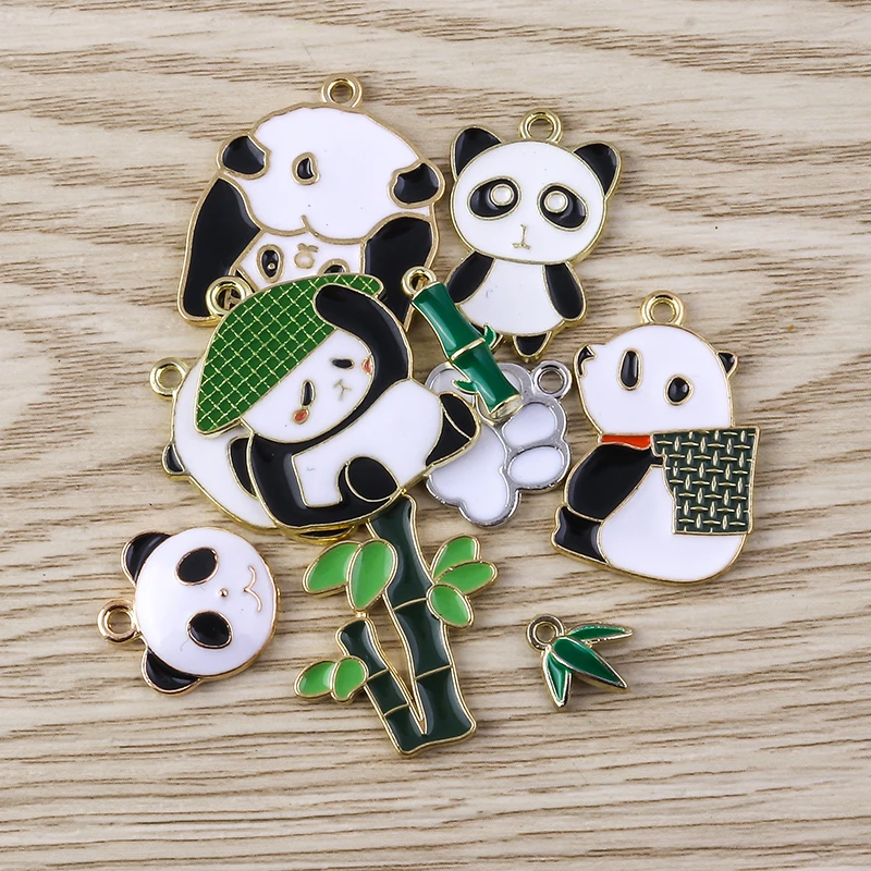 10pcs/lot Cartoon Animal Charms for Jewelry Making Enamel Panda Bamboo Charms Pendants for Necklaces Drop Earrings Crafts Gifts