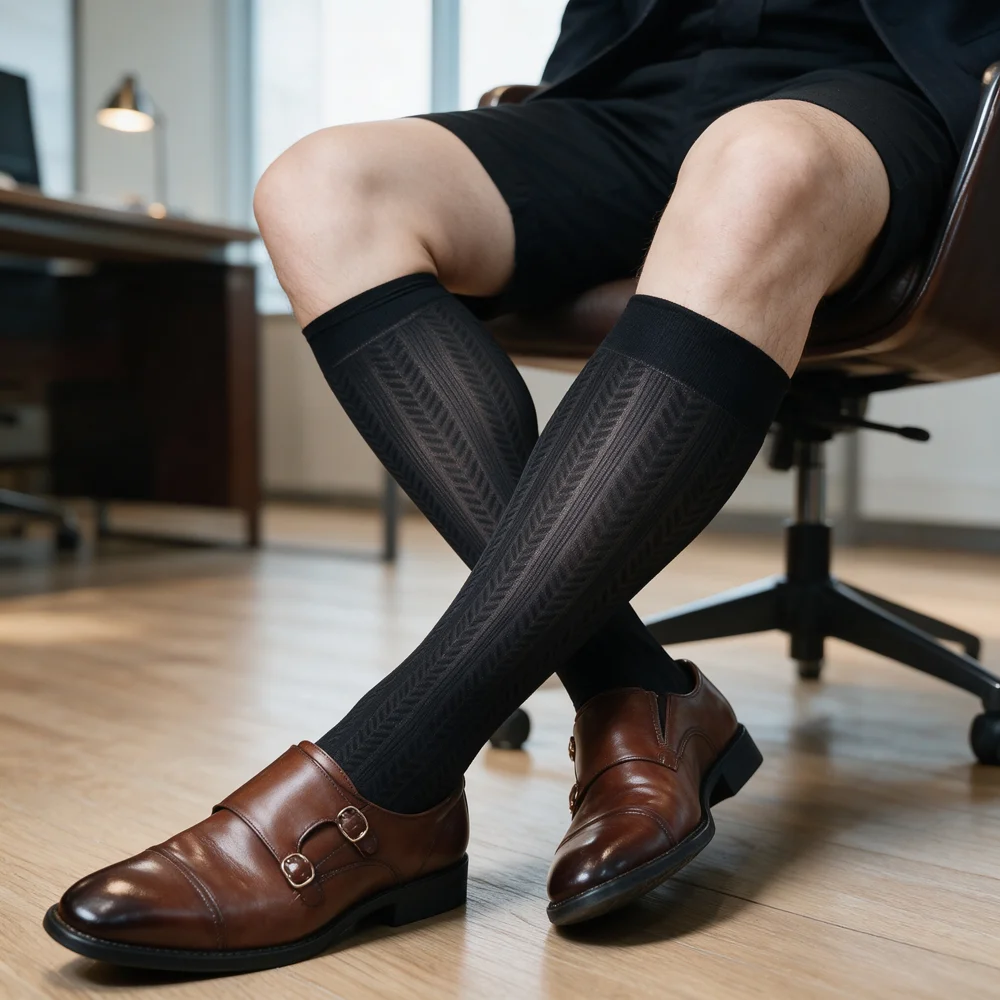 Men's Sheer Nylon Knee High Dress Socks Black Herringbone Pattern Ultra Thin Business Formal Textured Mens Hosiery