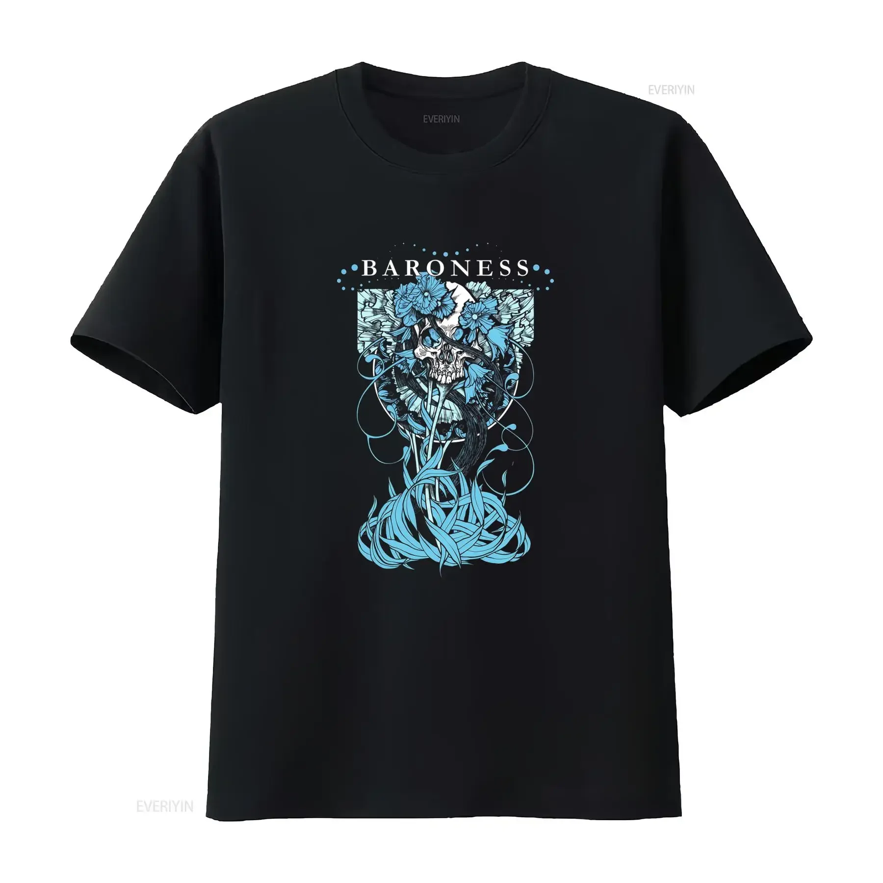 Gothic Skull Blue Floral Baroness Print Casual Streetwear T Shirt vintage Washed fashion Stylish Stretched Unisex