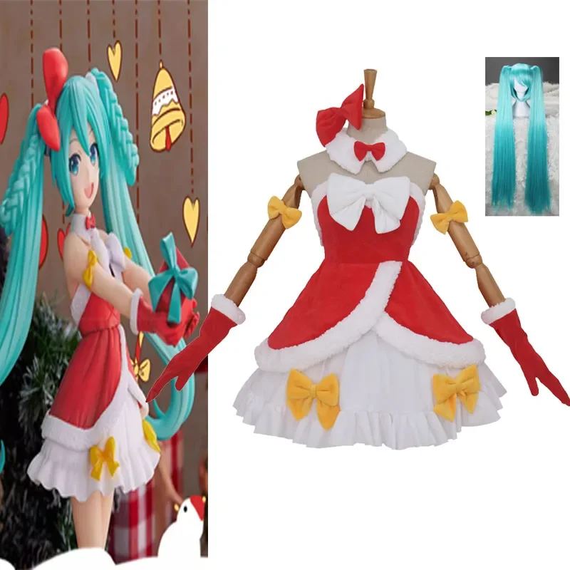 

Miku Cosplay Costume Wig Christmas Miku Red Strapless Dress Glove Headwear Outfit Halloween Carnival Party Cute Girl Dress