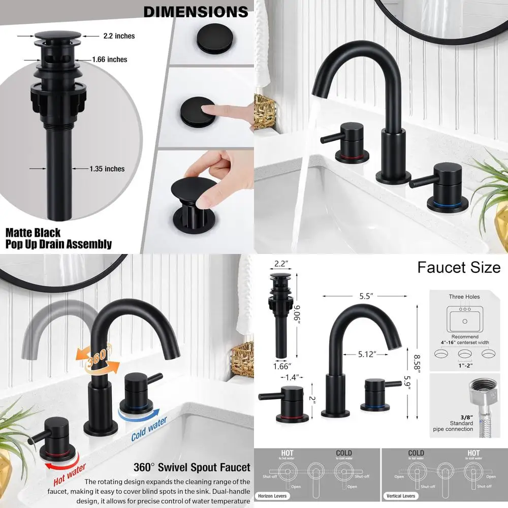 

3-Hole Black Faucet for Sink with Pop-Up Drain, 8-Inch Widespread, 360° Swivel Handles, Includes Supply Lines