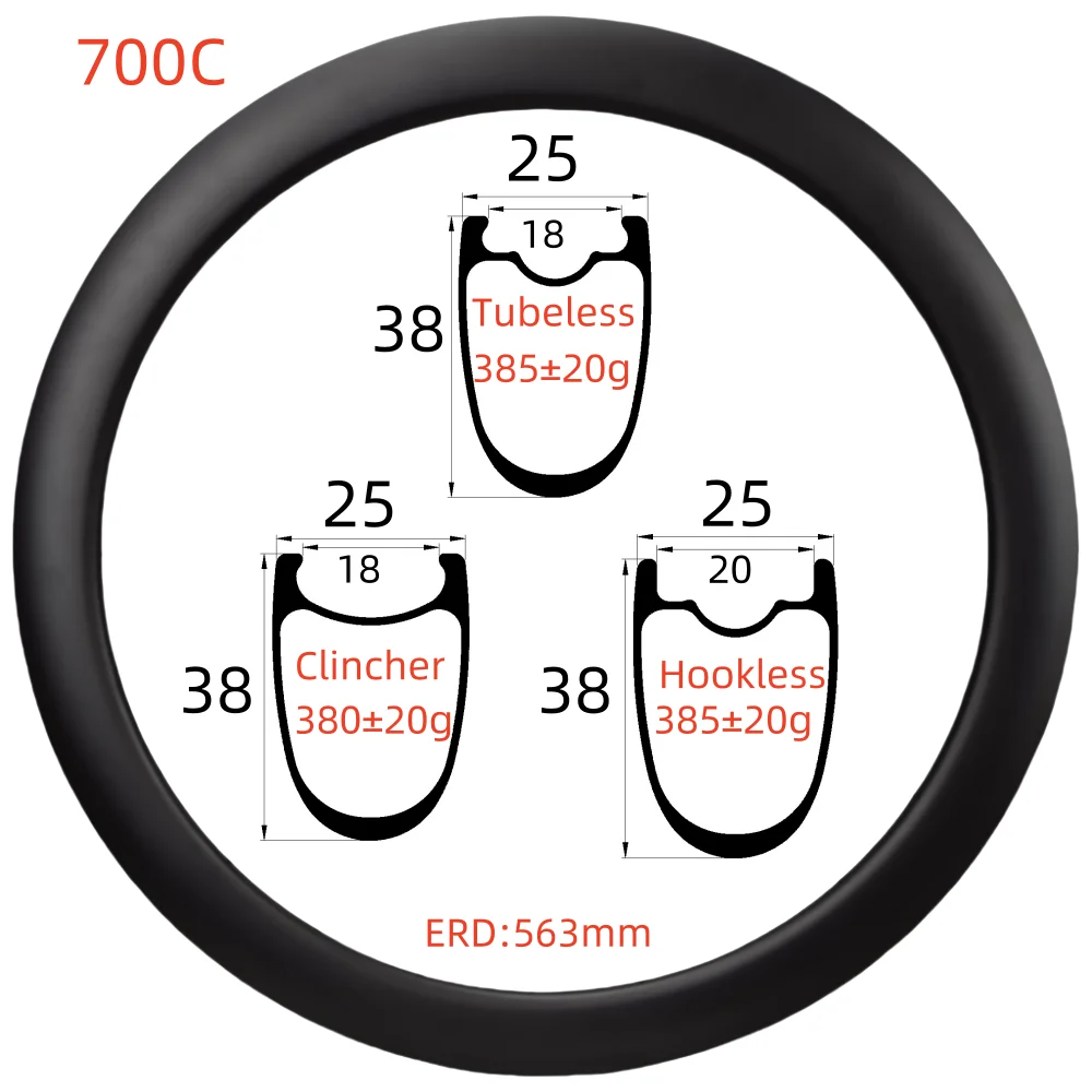 700C Carbon Rims 25mm Wide 38mm Depth Super Light Carbon Rims UD Tubeless/Clincher/Hookless Carbon Rims