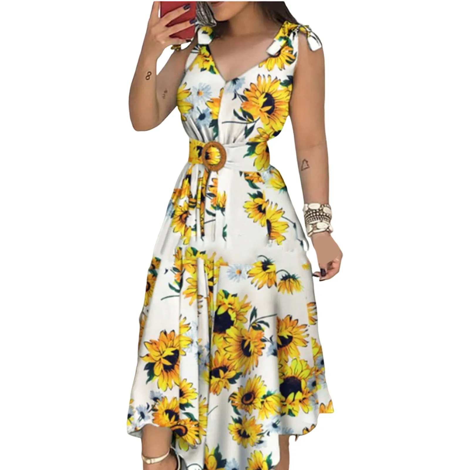 

Women's Sleeveless Tank Dress Sexy Sleeveless Long Dress with Belt for School Business Dating