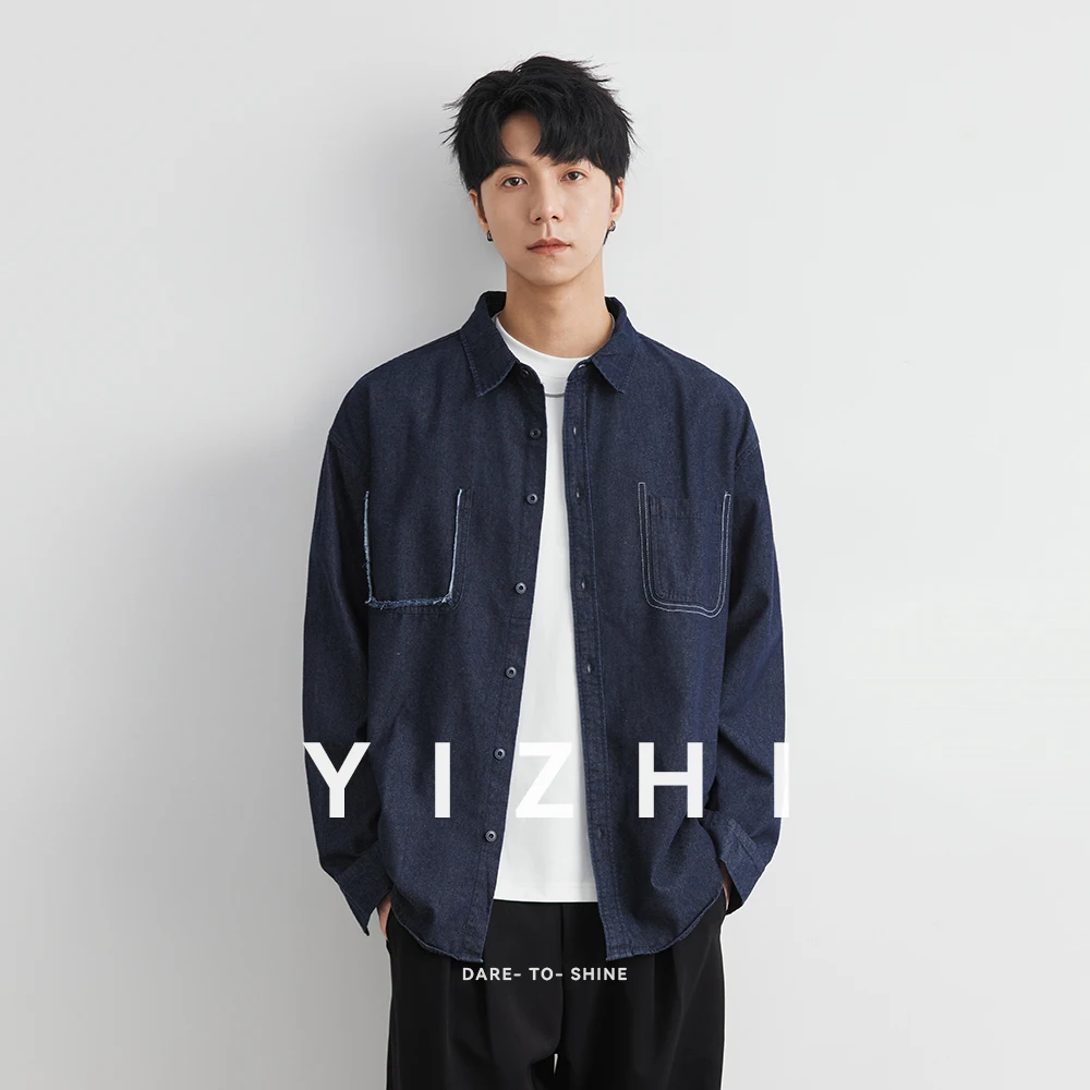 2025 Autumn New Lapel Long Sleeve Blue Denim Shirt Fashion Loose Tops Jacket Solid Color Casual All-match Jacket Male Clothing