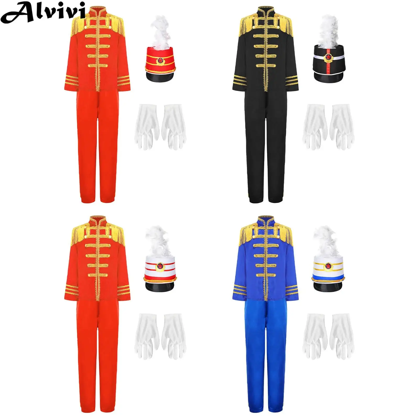 

Детский карнавальный костюм на Хэллоуин, марширующий барабанный оркестр, парадный костюм чести, топы со штанами, шляпа с перьями, перчатки, униформа с подъемом флага