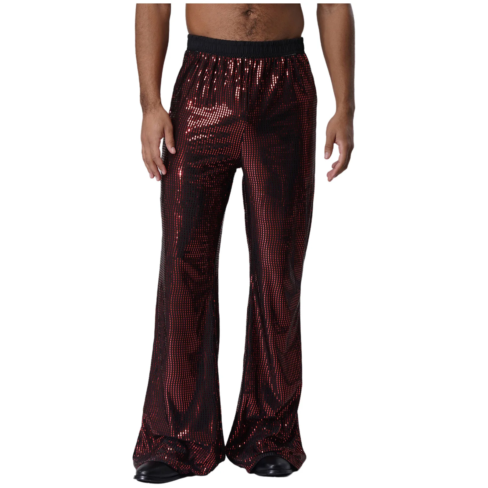 Men Glitter Sequin Flared Pants 70s Disco Costume Elastic Waist Bell Bottom Long Pants Trousers for Club Jazz Rock Music Party