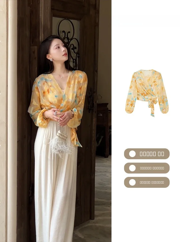 

Романтическая женская блузка с цветочным принтом (ирисы, нарциссы), летняя коллекция 2026, свободный крой, французский стиль, длинный рукав