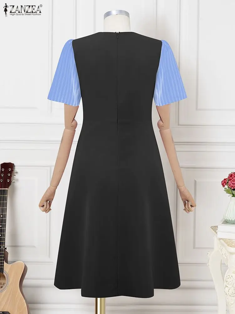 ZANZEA Stylish Women Patchwork Dresses 2025 Summer Dress Elegant Lapel Neck Short Sleeve Office Stripe Sundress OL Work Vestidos