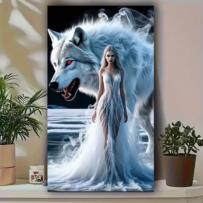 Intricate Wolf & Woman Diamond Art Kits For Adults, DIY Diamond Painting Kits Round Diamond Dots, 5D Full Drill Painting Kit