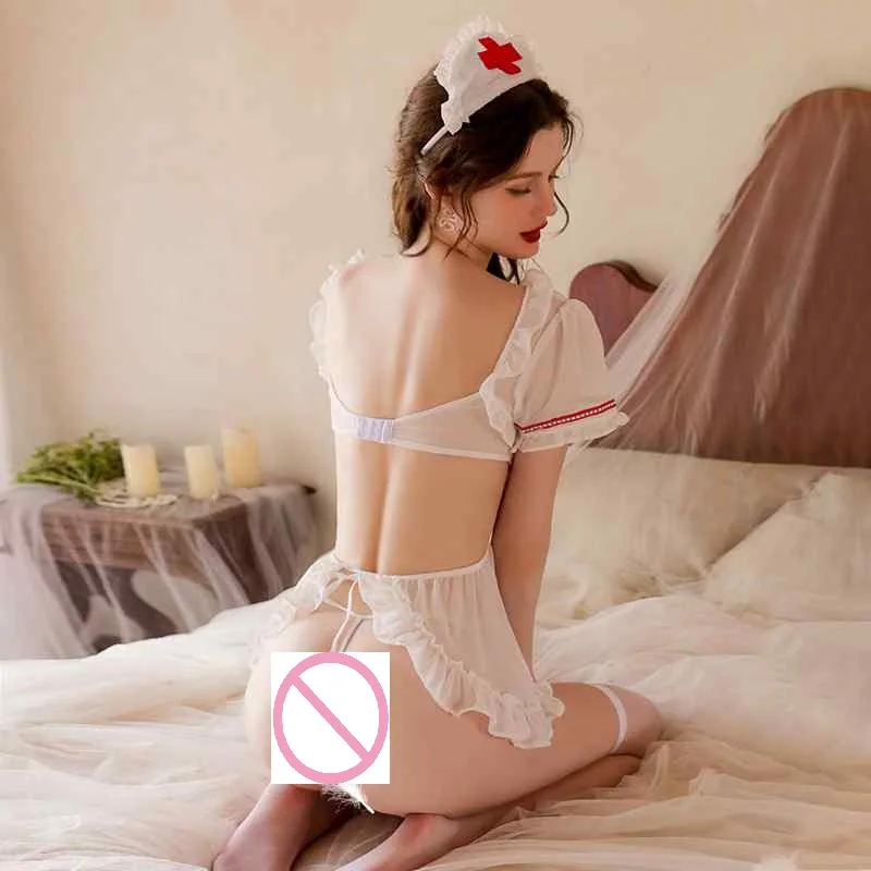 Venta al por mayor de vestido de lencería de enfermera de juego de rol calado Sexy para mujer adulta disfraces eróticos sin espalda con entrepierna abierta Fliter Cosplay