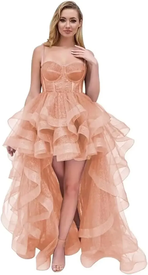 ชุดเดรสออกงานแบบมีระบายสูงต่ำสำหรับวัยรุ่น ปี 2026 ชุดเดรสสำเร็จการศึกษา ผ้าทูลล์ ชุดเดรสออกงานสั้น ชุดเดรสงานปาร์ตี้ สายเดี่ยวเส้นเล็ก