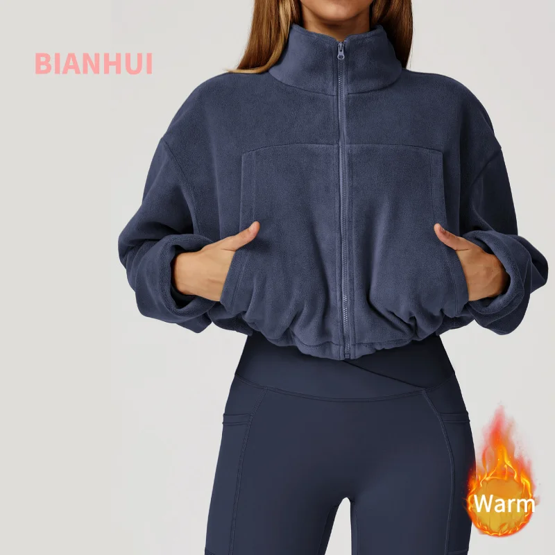 

BIANHUI Autumn Winter Coat Stand Collar Windproof Warm Fleece Drawstring Women Running Fleece-Lined Sporty Jacket Woman