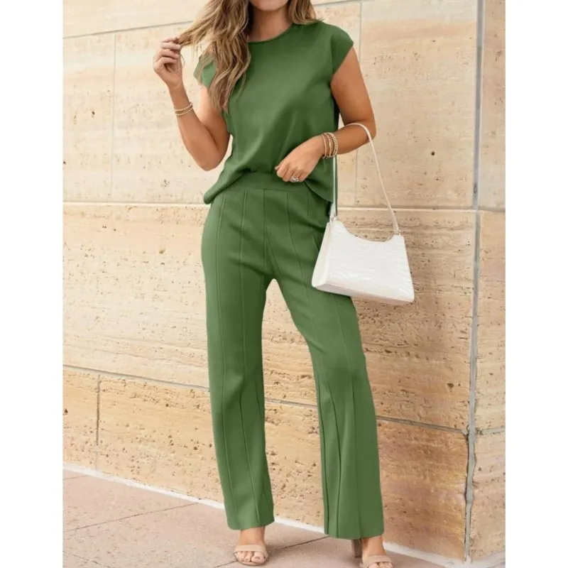 

2 Piece Sets Women Outfit Sleeveless Casual T Shrit Top Knitted Vest Wide-leg Pants Ice Summer New Solid Color Casual Outfit