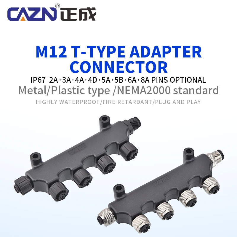 M12 T-Shape 6-Way Adapter Splitter 5 Pin A Code Male to Female IP67 Plastic Optional for Multi-Device Signal Distribution