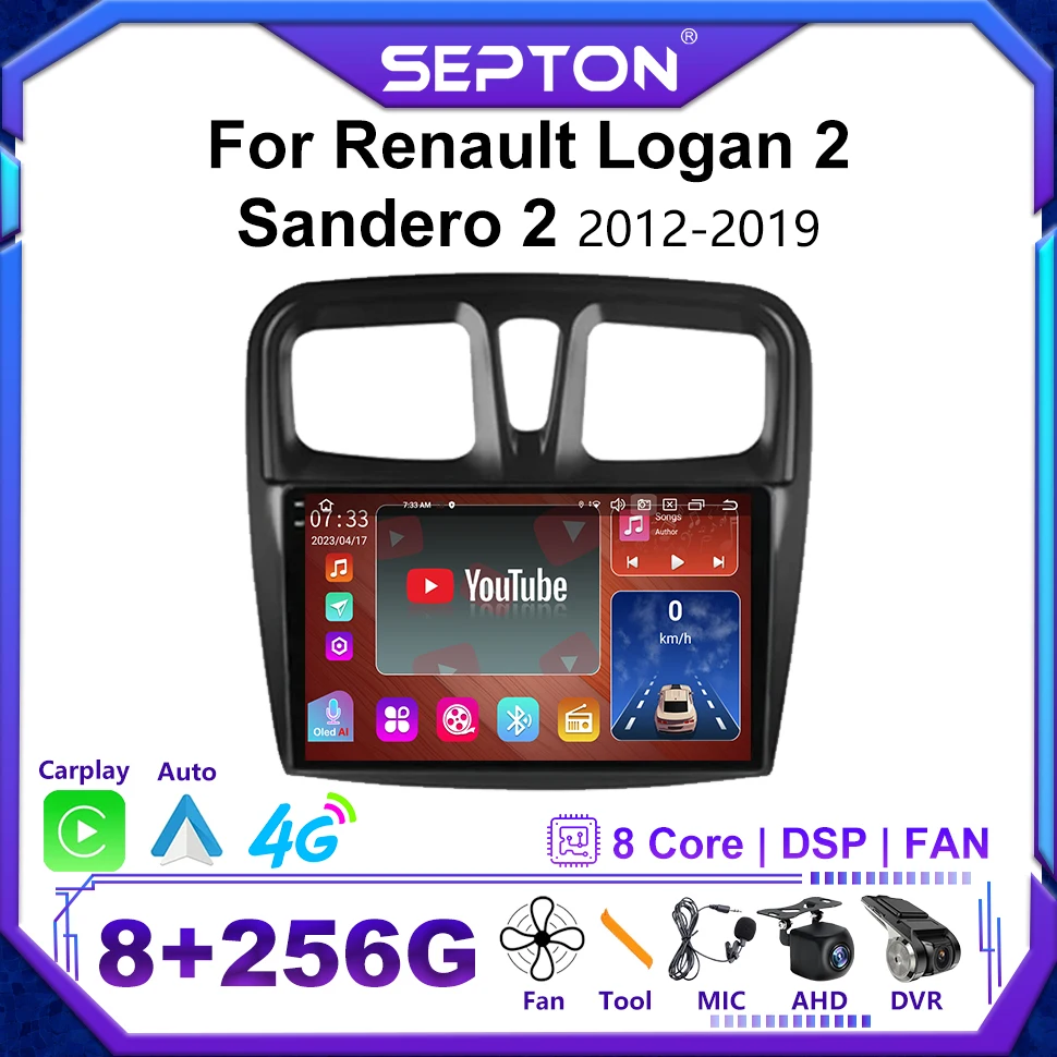 

SEPTON Android 12 2Din Автомобильный радиоприемник Carplay для Renault Logan 2 Sandero 2 2012-2019, мультимедийный видеоплеер, стерео GPS, головное устройство 4G