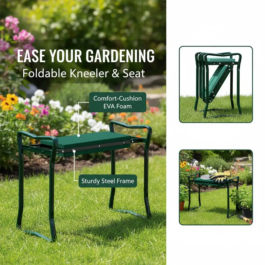 Green Soft Padded Garden Kneeler & Foldable Seat Bench, Portable Gardening Stool for Knee & Back Support