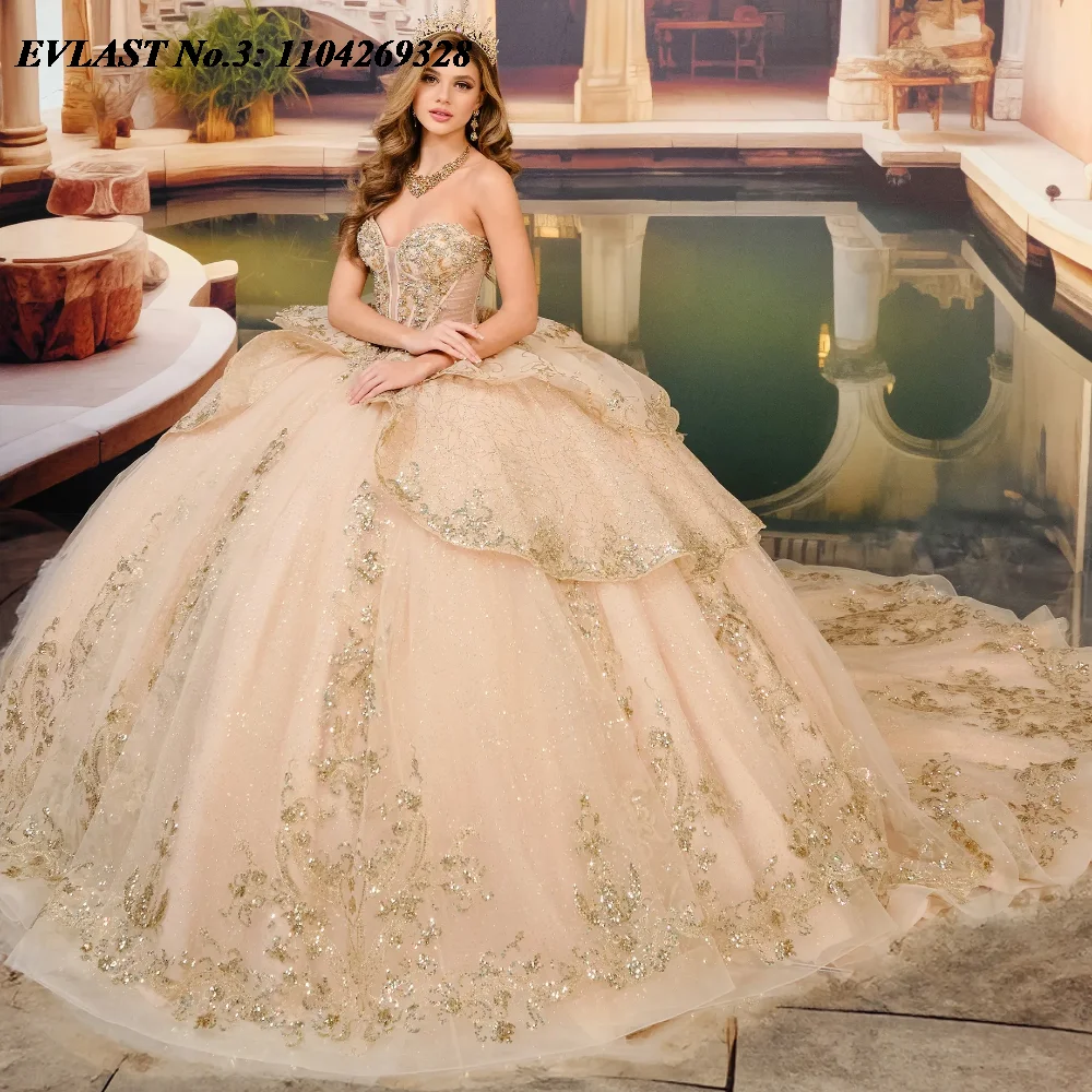 

EVLAST Customized Champagne Quinceanera Dress Ball Gown Gold Lace Applique Beading Tiered Sweet 16 Vestido De 15 Anos E3Q211