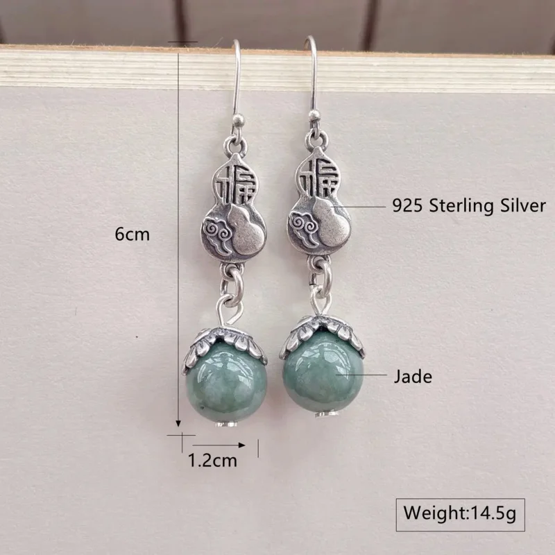 Elegant 925 Sterling Silver Jade Long Hanging earrings Jewelry 2022 Vintage Round Bead Gourd Piercing Dangle EH046