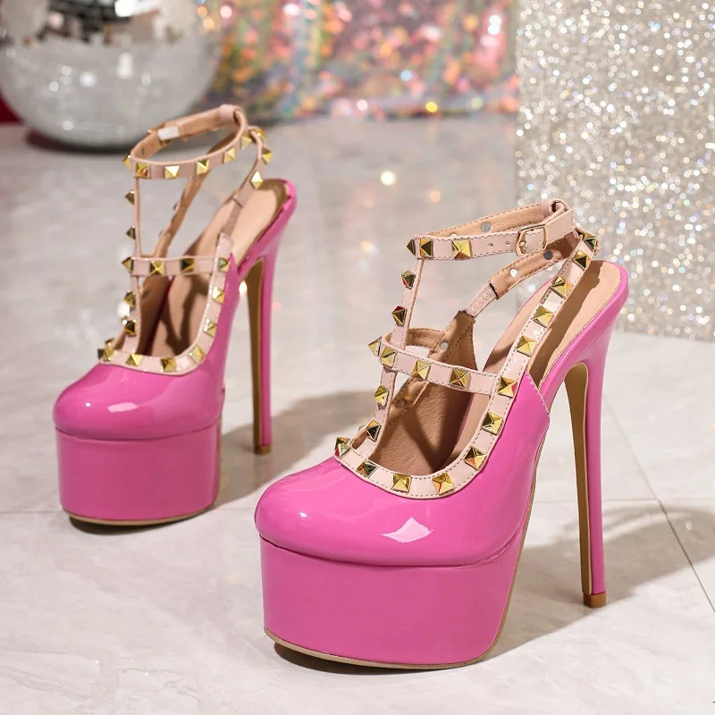 

Туфли-лодочки Aneikeh, 16 см, с декоративной пряжкой-заклепкой, цвет розовый, женские, сексуальные, из лакированной кожи, на шпильке, для свадьбы и банкета