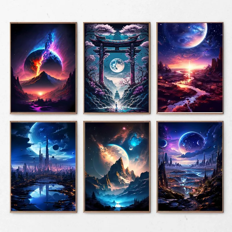 Surrealism Anime Fantasy Planet Landscape Posters and Prints Canvas Painting Wall Universe Space Art Picture for Room Home Decor