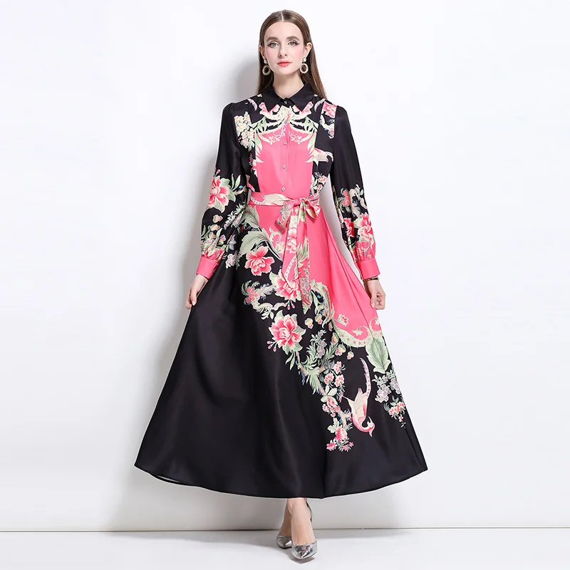 المرأة قميص طوق خمر الأزهار طباعة كم طويل فساتين حريمي واحدة الصدر طويل ألف خط الكاحل طول فستان SL138