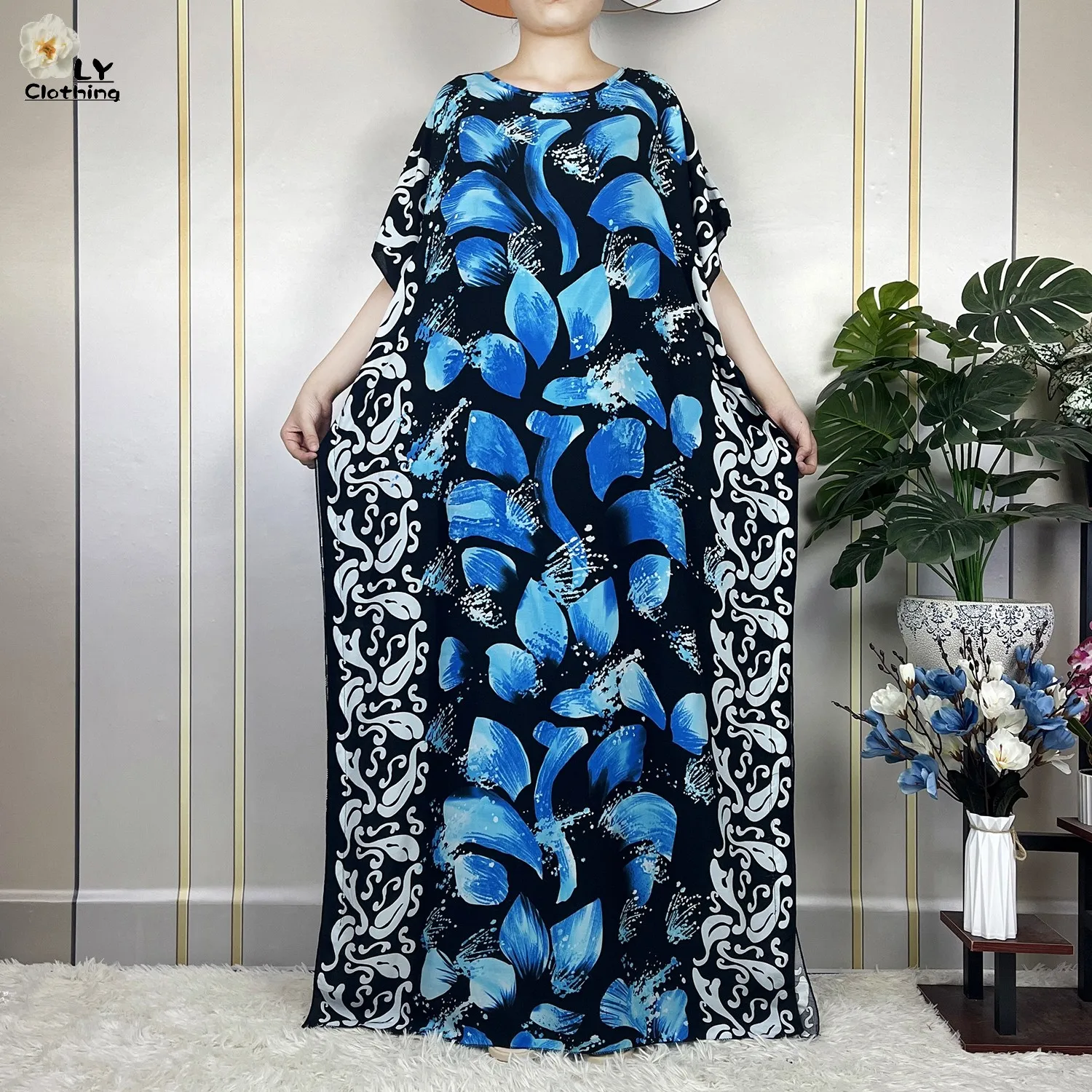 2023 African Summer Short Sleeve Dress With Big Scarf Print Floral Cotton Loose Caftan Lady Maxi Muslim Casual Dresses Vestido