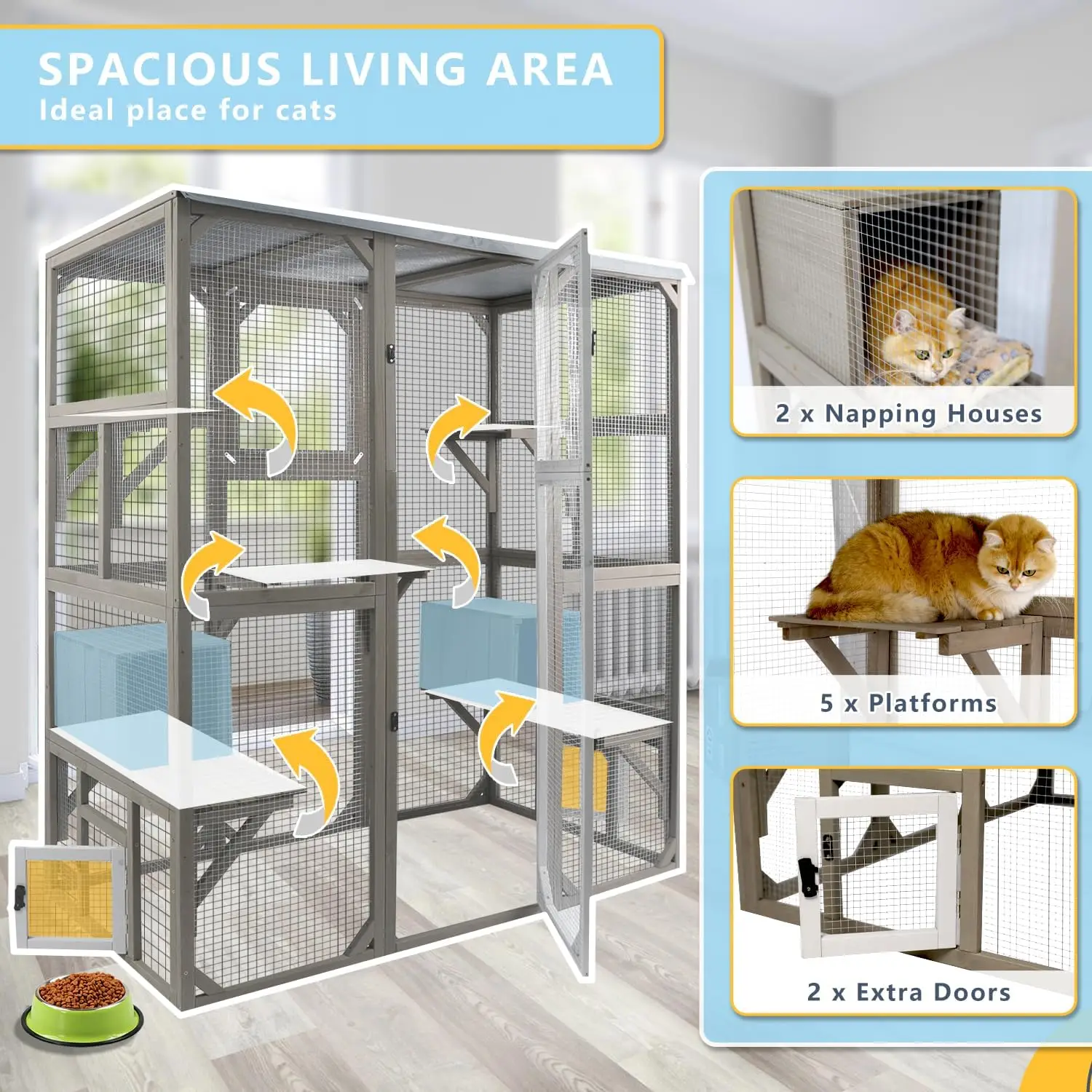 Large Walk-In Outdoor Cat Enclosure with Waterproof Roof & Multi-Level Platforms, Spacious Window Cat House Cage for Multiple Cats, 59"L x 29.5"W x 67.7"H view 4