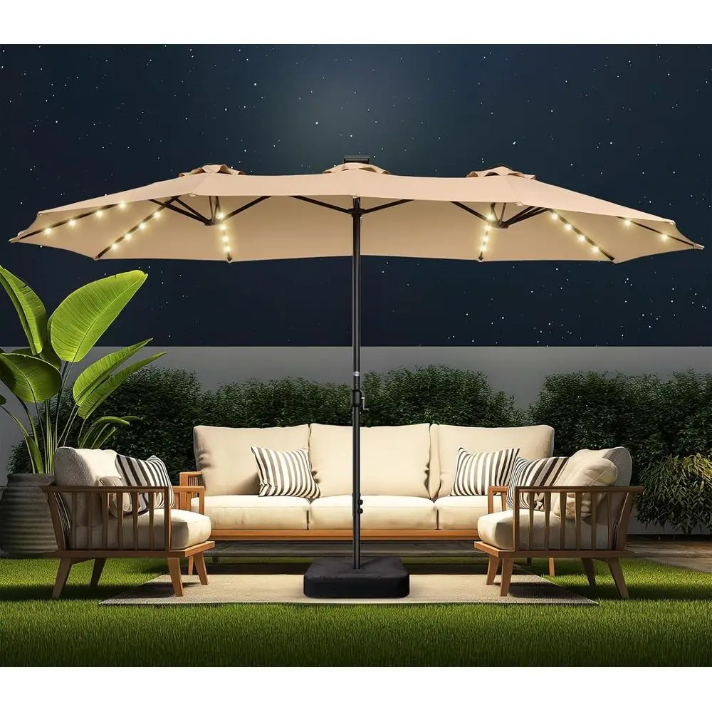 LED-Illuminated Extra Large Outdoor Patio Umbrella with Base, Beige, Ideal for Market, Deck, Pool, Backyard