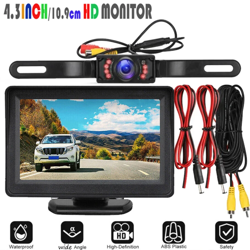 Car Rear View Backup 8LED License Plate Camera Waterproof HD Camera 4.3 Inch HD Display LCD Monitor Full Set Parking System