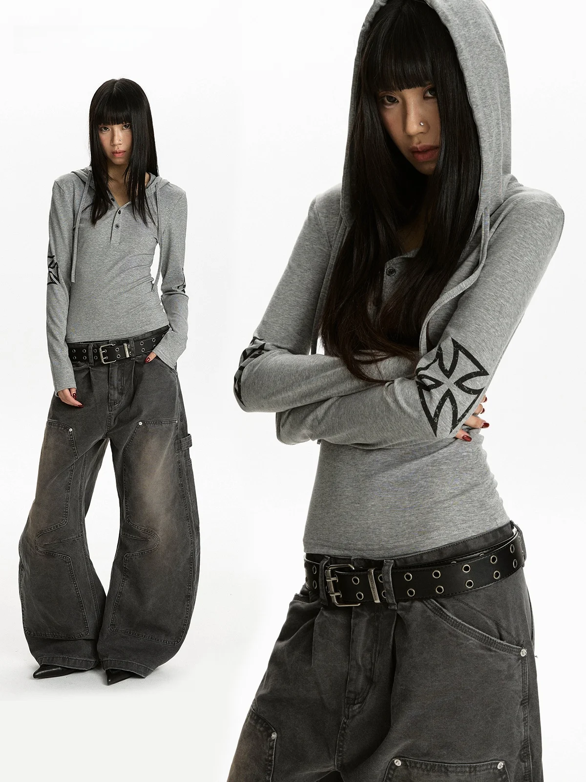 

Aket Gothic Print Long Sve T-irt Women's Sexy Slim Fit Sun Protection Hoodie Faionable Casual Streetwear T-irt