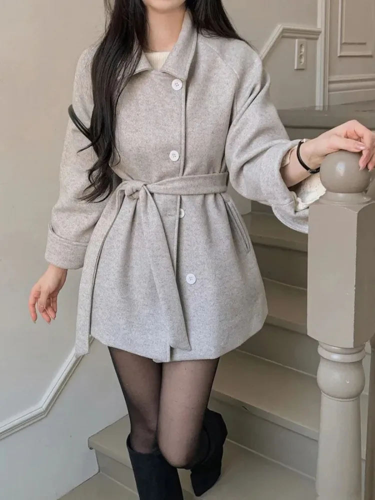 Korean Style Winter Coat Women's Loose Fit Waist-Cinching Belted Single-Button Notch Collar Soft Wool Blend Versatile Outerwear