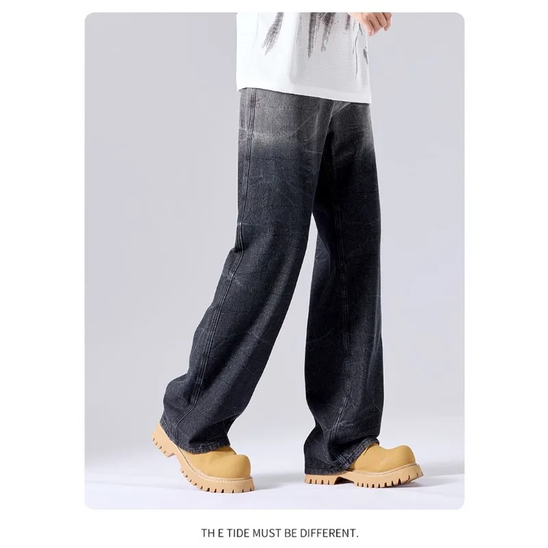 Men's Jeans Man Pants American Casual Tie Dye Gradient Loose Barrel Straight Leg Dropped Crotch Retro Denim Trousers Streetwear