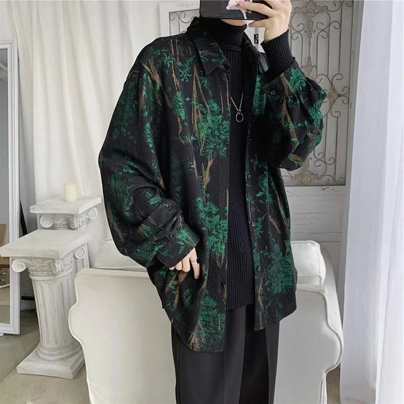 MEXZT Retro Chiffon Camisas Mulheres Rose Floral Impresso Blusa de Manga Longa Do Vintage Elegante Top Harajuku Solto Casual Casaco Oversized