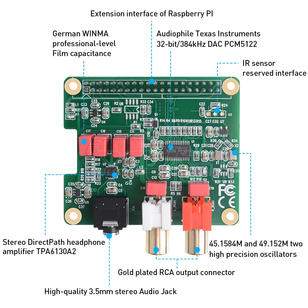 Rpi dac HiFi DAC Hat for Raspberry Pi dac for Raspberry Pi Zero, Zero W, 3B, 3B+, Pi 4 ,Pi 5 with the 40-Pin Connector