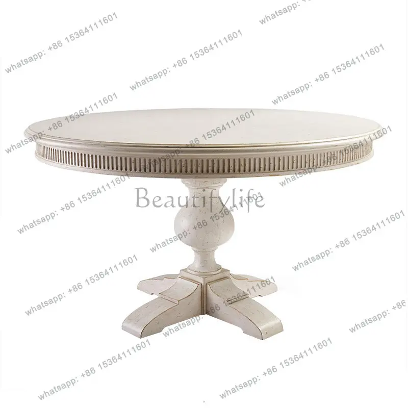 

French American solid wood round dining table and chair combination European white old dining table retro villa round