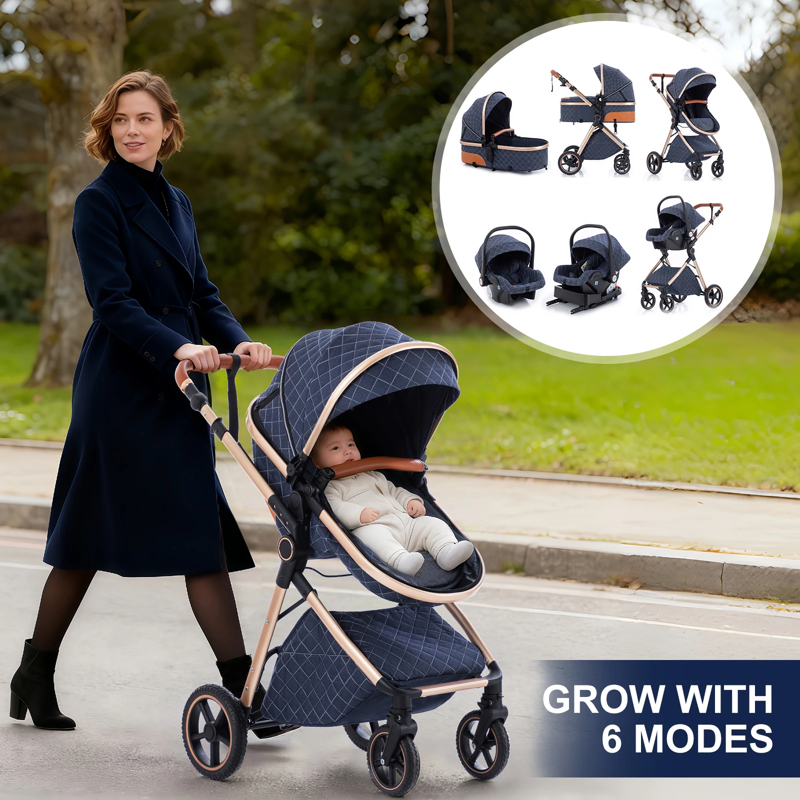 Luxus-Kinderwagen 3-in-1 Tragbarer Baby-Kinderwagen Klappbarer Kinderwagen mit hoher Sitzposition für Neugeborene Verstellbarer Griff für Reisen – Detail 2