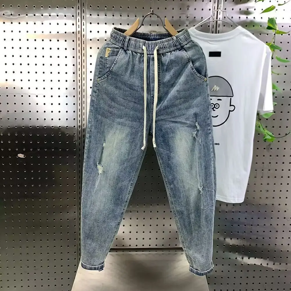 

New Arrival Korean Casual Drawstring Denim Harem Pants Men's Jeans Spring Autumn Fashion Hip Hop Loose Hole Baggy Washed Jeans