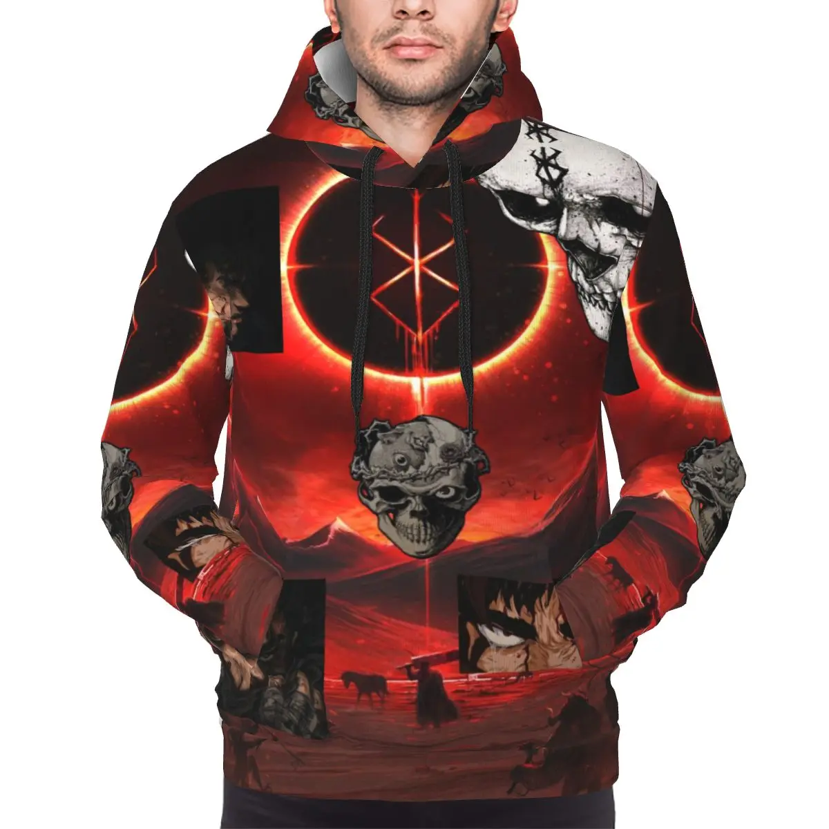 Mens Japan Anime Berserk Guts 3D Print Hoodie Hooded Collar Drawstring Hoodies Pullover Sweatshirts Long Sleeve Shirts