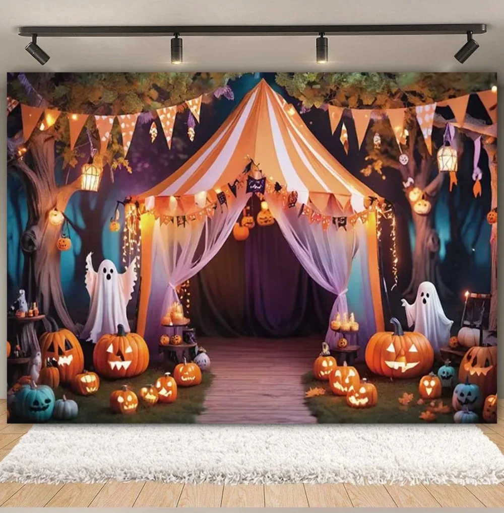 

Horror Halloween Photography Backgrounds Moon Night Tent House Forest Pumpkin Lantern Skeleton Family Party Decoration Backdrops