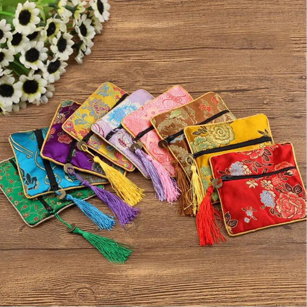 Buddhist Purse Quartet Zipper Beads Tassel Brocade Floral Wallet Tips Bag Handbags Jewelery Bag