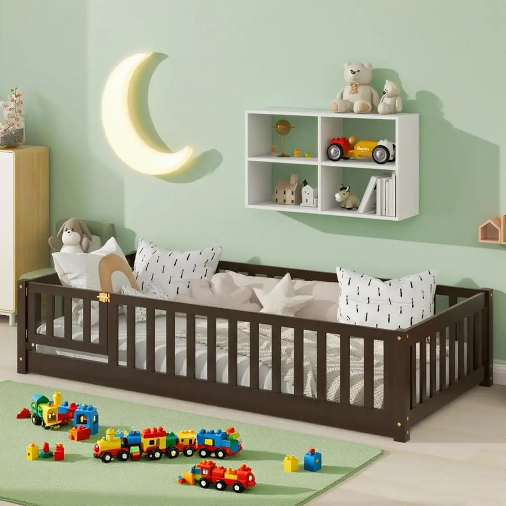 

Twin Floor Bed Frame with Slats and Safety Guardrail, Montessori Floor Bed for Kids, Espresso