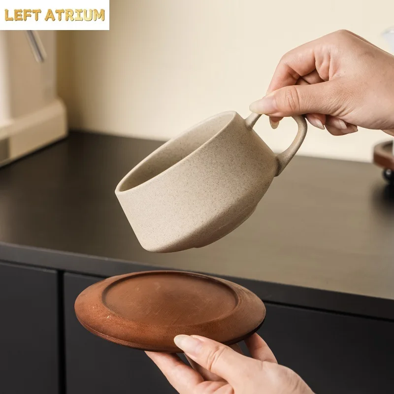 Coarse Pottery Ceramic Coffee Cup with Wooden Saucer 240ml Afternoon Tea Dessert Cup Art Breakfast Dessert Milk Cup Couple's Mug