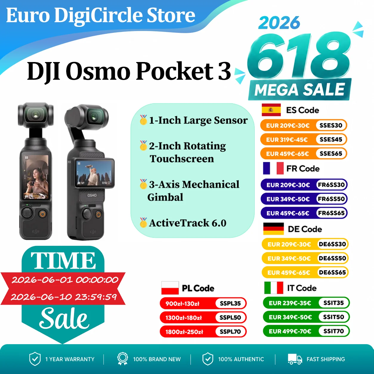 DJI Osmo Pocket 3 | Capteur 1 pouce + écran rotatif 2 pouces, 4K/120 ips, stabilisation d'image mécanique sur 3 axes, le fleuron du vlog et de la photographie de voyage [La qualité professionnelle