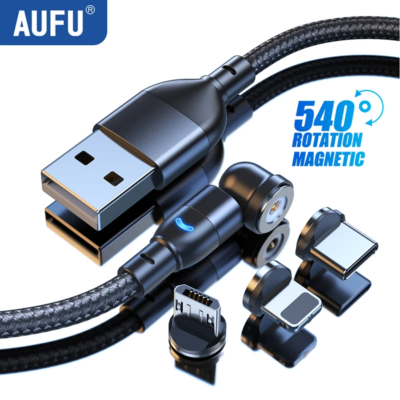 AUFU-540 회전 마그네틱 케이블 마이크로 USB c형 케이블, 아이폰 14 안드로이드 고속 충전 자석 충전기 전화 케이블 와이어 코드